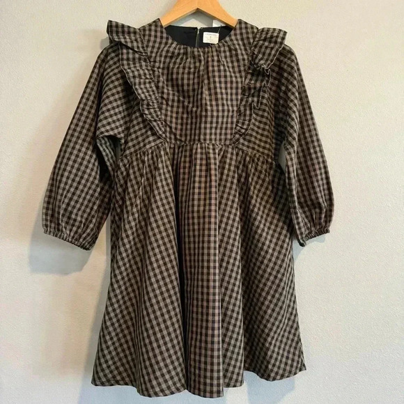 Crewcuts Gingham Check Dress Ruffle Long Sleeve Holiday Dark 10 - Picture 1 of 7